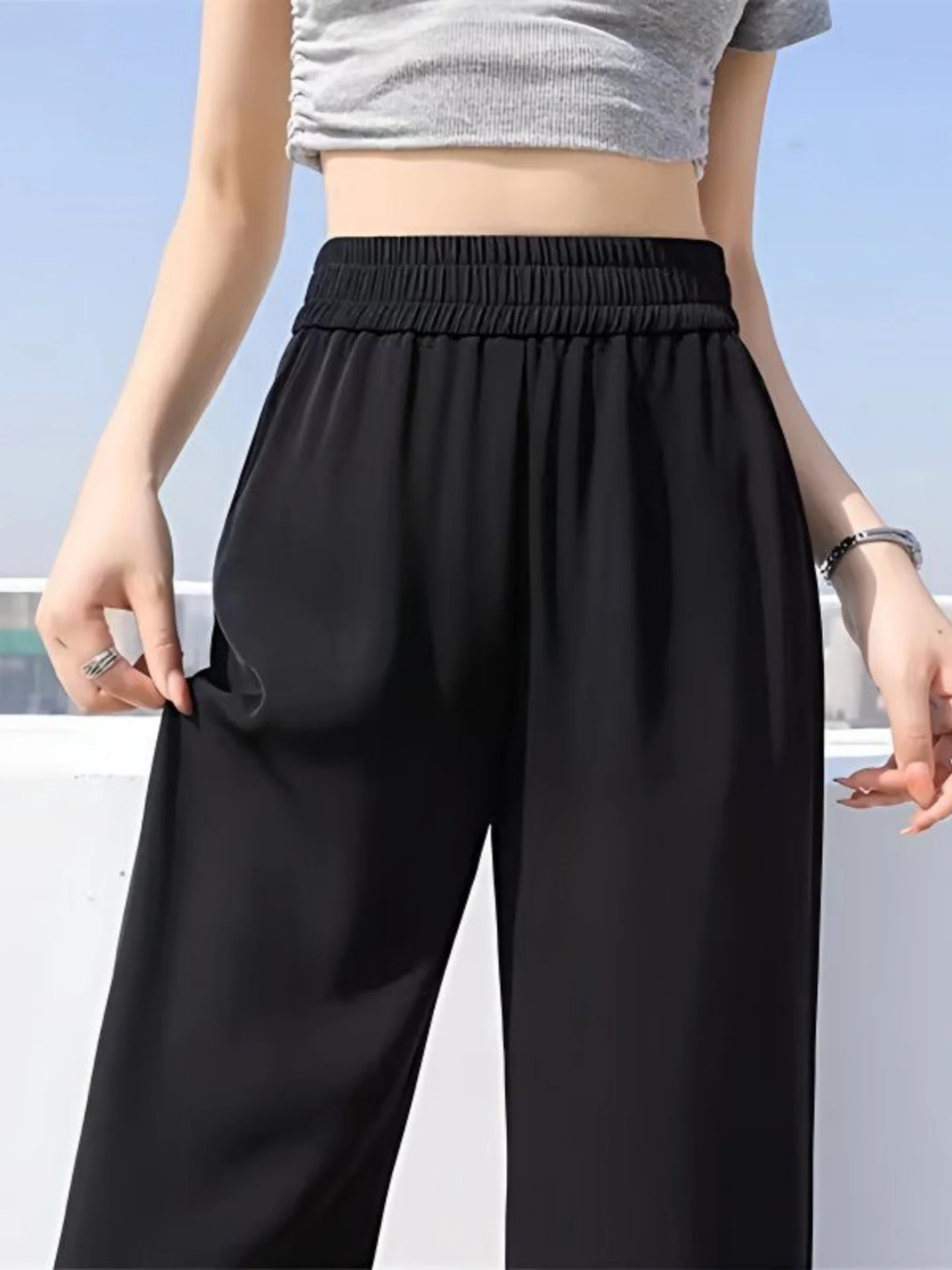 

Black Elastic Waist Wide Leg Pants Women's Summer Thin High Waist Loose Slimming Drape Casual Pants Narrow Version Straight Leg
