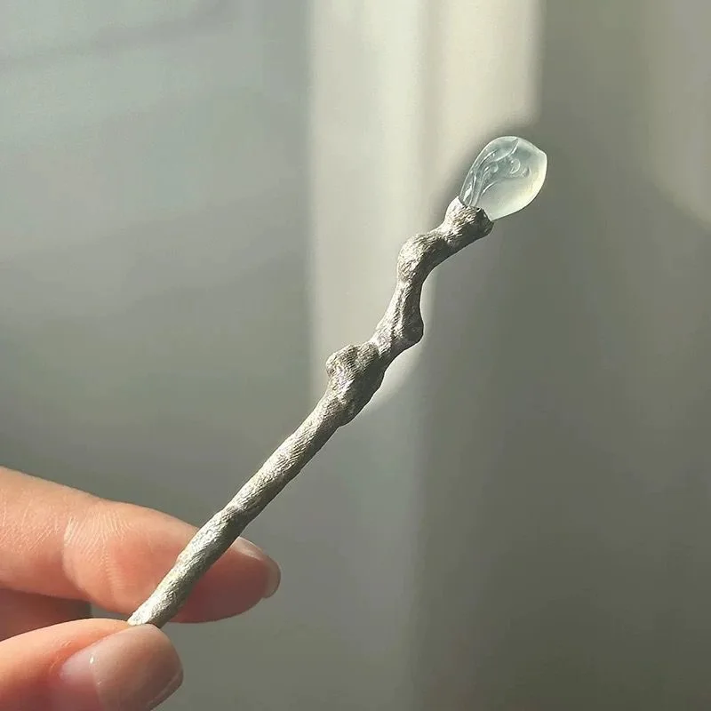 NewHairpin S925 Silver Crystal White Silver Hairpin Design Sense Branch Texture Disc Hair Ornaments Metaphysical Hairpin