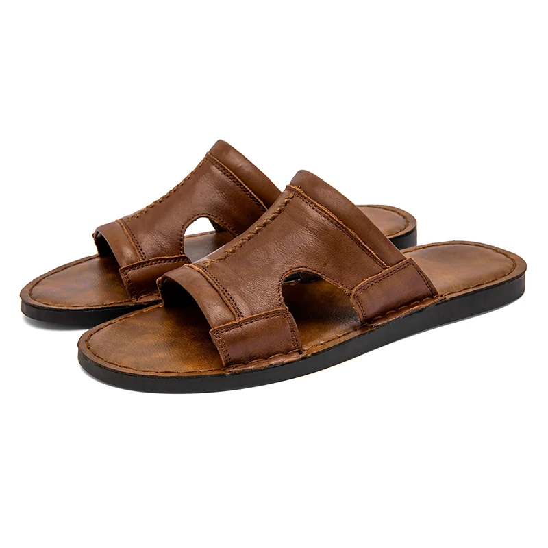Slippers Men's Casual Shoes Beach Sandals Large 38-48 Outdoor Slides Walking Cow Leather Luxury Designer One Word Drag Slippers