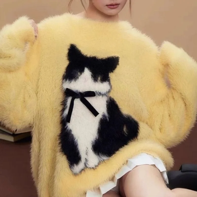 Pullovers Women Fun Cat Pattern Bow Design Japanese Style Oversized Knitted Sweaters Autumn Loose Couples Chic Sweet Soft Tops