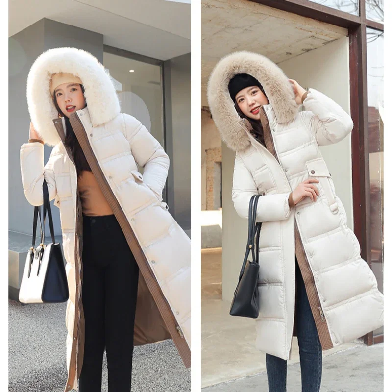 2024 Winter New Down Cotton Parkas Jacket Women\'s X-Long Faux Fur Collar Padded Jacket Thick Loose Large Size Padded Jacket