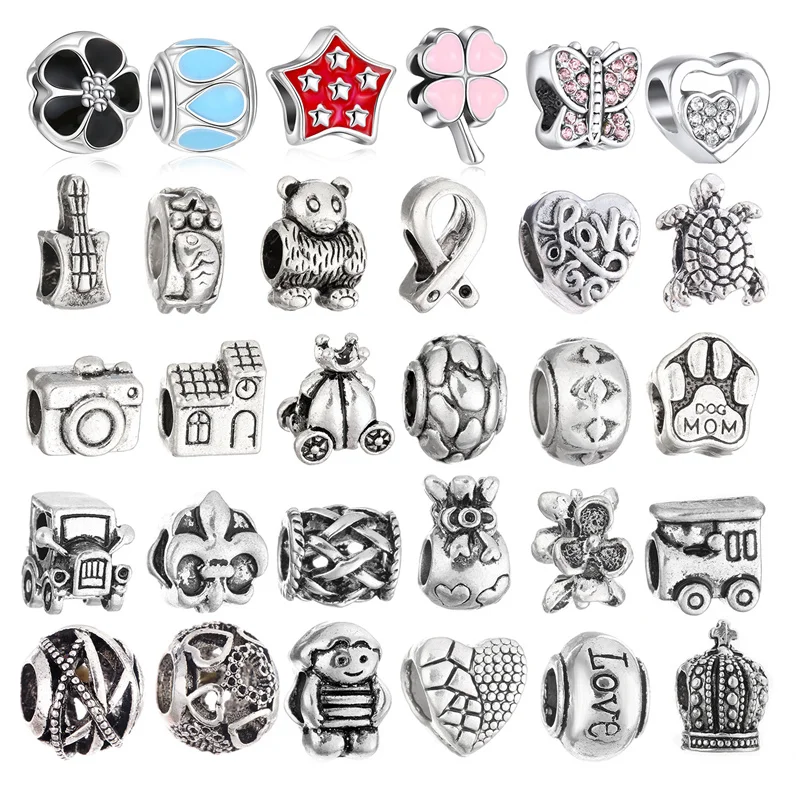 30Pcs Tibetan Silver Big Hole Beads Charms Set Fits European Bracelets Craft Supplies Charms Pendants for Crafting Jewelry Gift