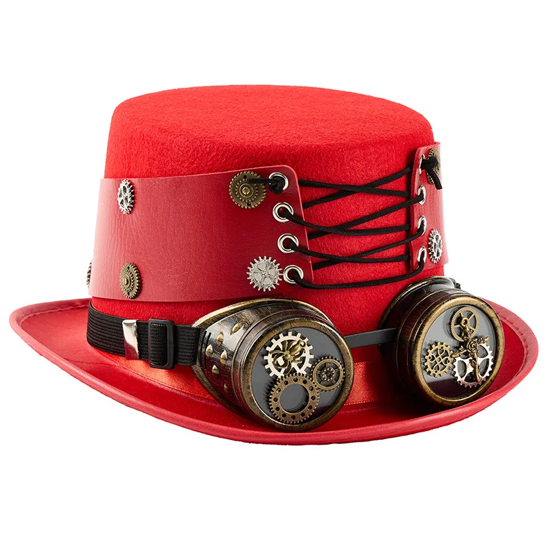 Trendy Victorian Gothic Hat With Adjustable PU Leather Strap And Detachable Goggles For Costume Parties Halloween Dressing Up