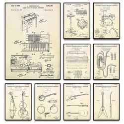Musical Instrument Patent Inventions Blueprint Poster Guitars Drums Piano Record Canvas Painting Wall Art Music Room Home Decor