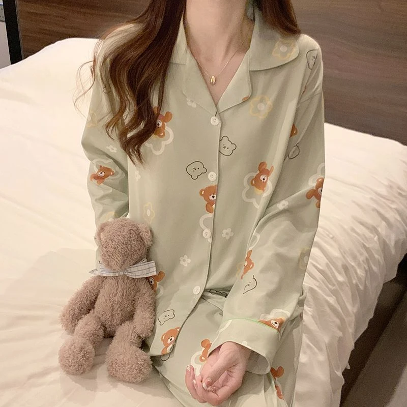 Spring Autumn Cardigan Long-Sleeved Sleepwear Two-Piece Set 2024 Cute Cartoon Student Homewear Suit Women's Casual Loose Pajamas