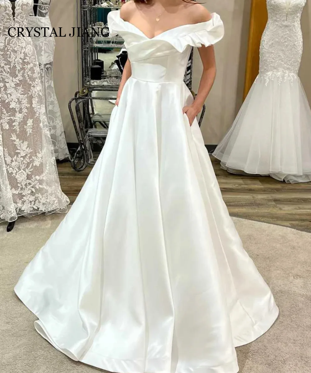 

Elegant Long Off the Shoulder Satin Wedding Dresses High Waist Short Sleeves A Line Sweep Train Vestidos Novias Boda