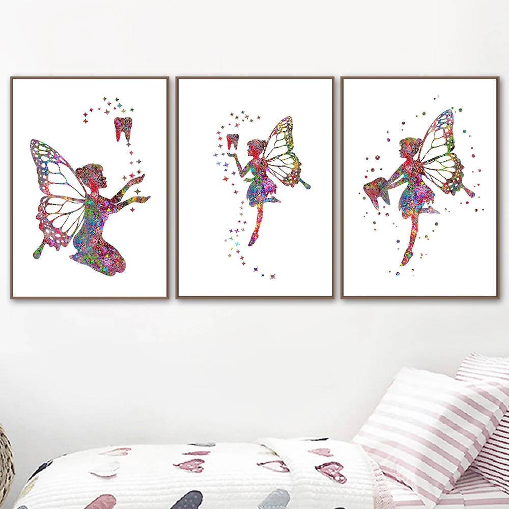 Dental Art Tooth Fairy Canvas Painting Watercolor Wall Art Poster Dental Hygienist Canvas Print Teeth Wall Pictures Clinic Decor