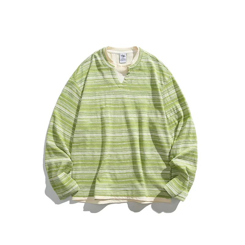 

Spring New Arrival Fake Two - Piece Striped Color - Blocking Sweatshirt - Unisex Japanese