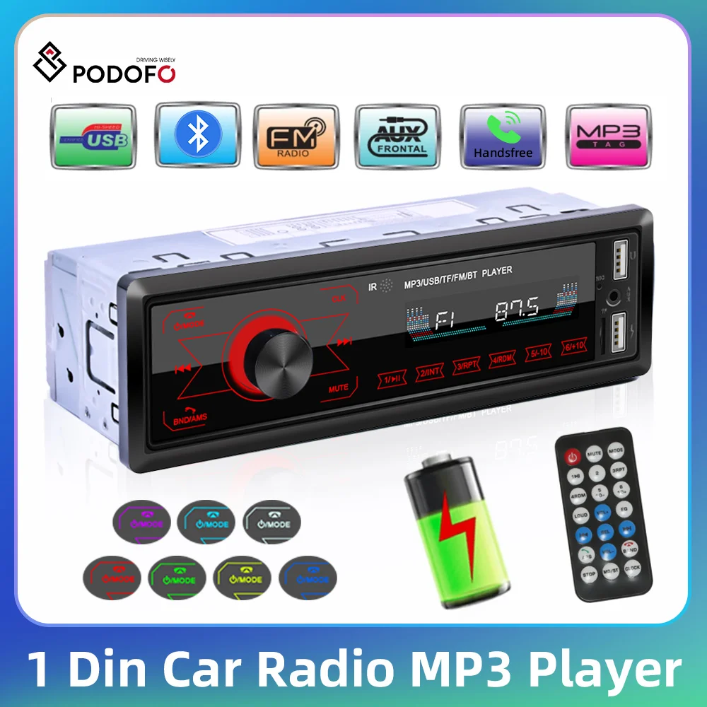 Podofo Mp3 1 DIN Car Radio Stereo Bluetooth USB/SD/AUX-IN 12V Touch Screen Seven Colors Lights FM Receiver In-Dash Car Radio