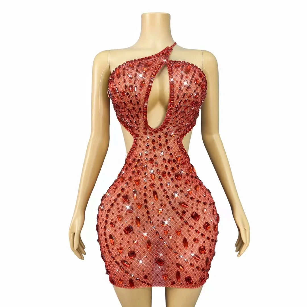 Vestido Sexy Sensual para mujer, vestido ceñido con tachuelas de cristal recortado, Mini vestido transparente para discoteca de noche, ropa de dormir, disfraces de Showgirl