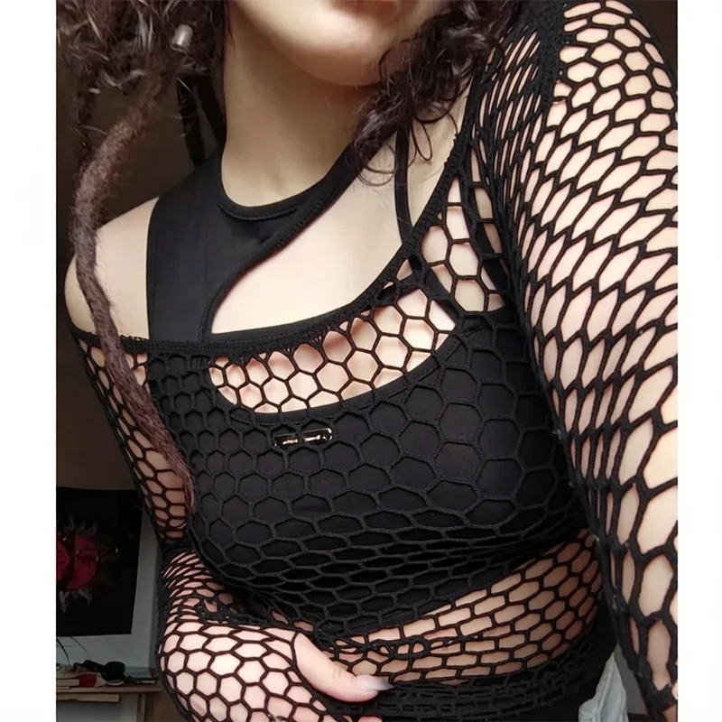 Damen Sexy Mesh Langarm-Netzoberteil, Figurbetonte Tops mit Aussparungen, Lockere T-Shirts, Kurze Weiche Nachtclub-Streetwear, Cosplay-Kostüm