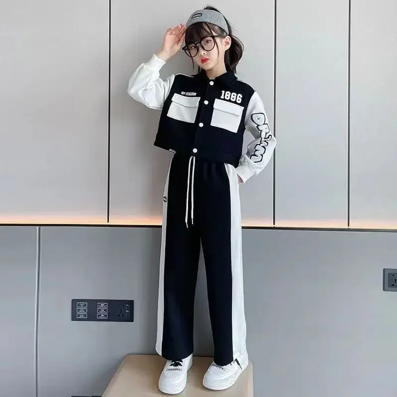 طقم معطف بأكمام طويلة وبنطال واسع للفتيات ، ملابس أطفال ، ملابس فتيات مراهقات ، رياضة ، موضة جديدة ، 2 في الخريف ، 6 ، 8 ، 10 ، 12 ، 14 سنة ،