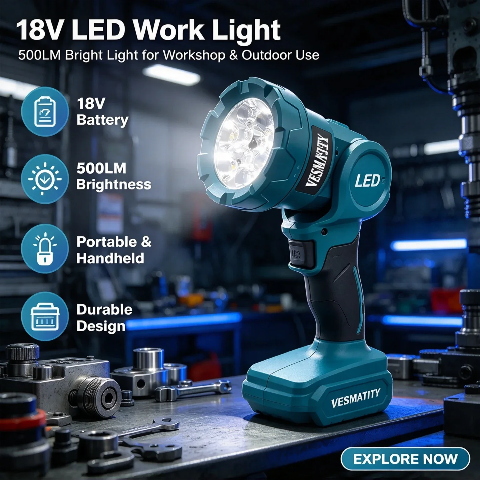 Vesmatity Indoor LED Work Light 18V Cordless Rechargeable Flashlight Power Tool Outdoors Night Searchlight Lamp 18V Battery Plus