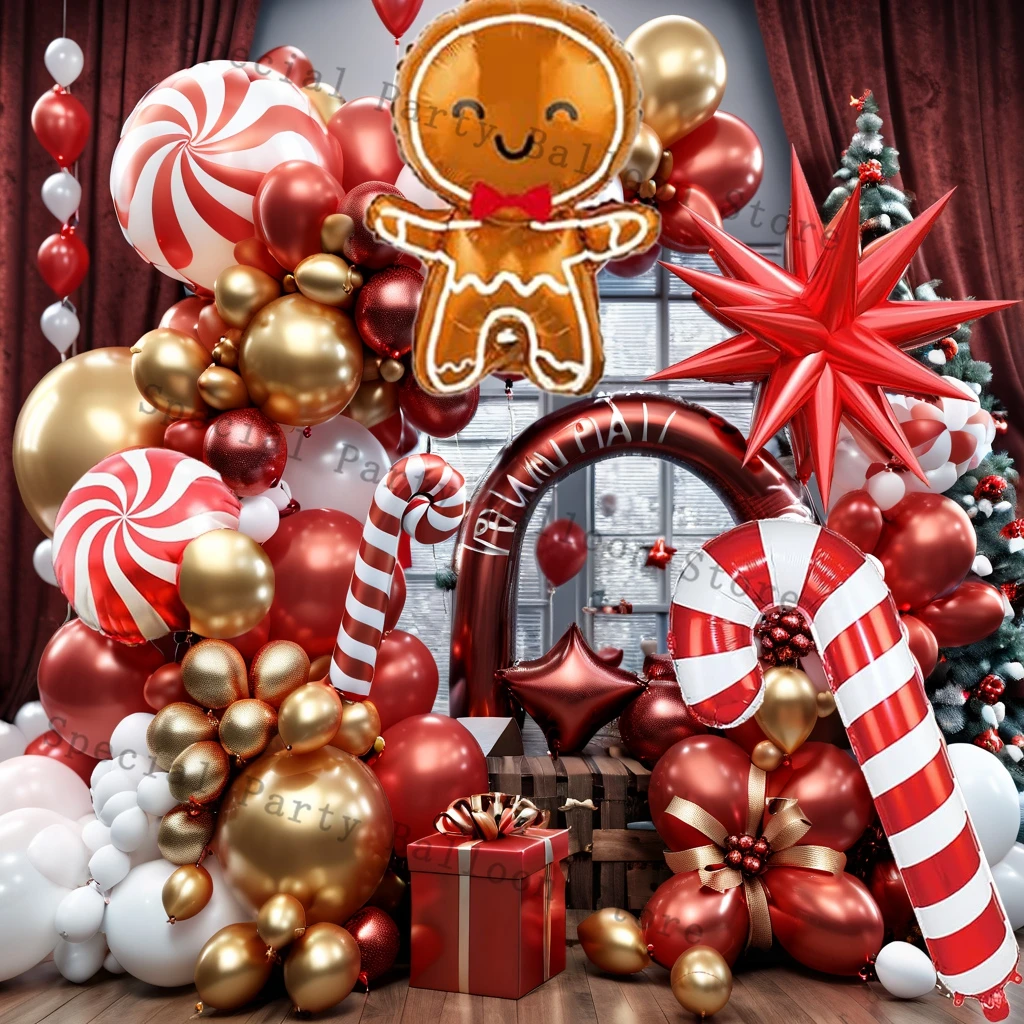 

Red Christmas Balloons Garland Arch Kit With Big Gingerbread Cane Candy Star Foil Ballon For Merry Christmas Decoration Supplies