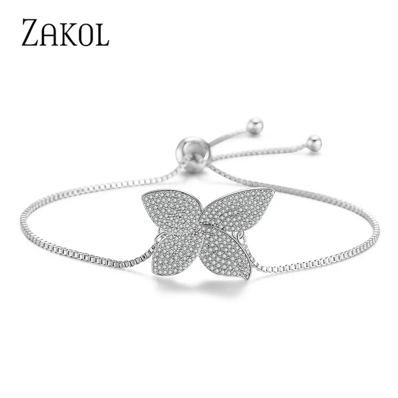 ZAKOL Fashion White Micro Paved Zirconia Crysyal Flower Adjustable Bracelet For Women Girl Bridal Wedding Party Jewelry FSBP2016