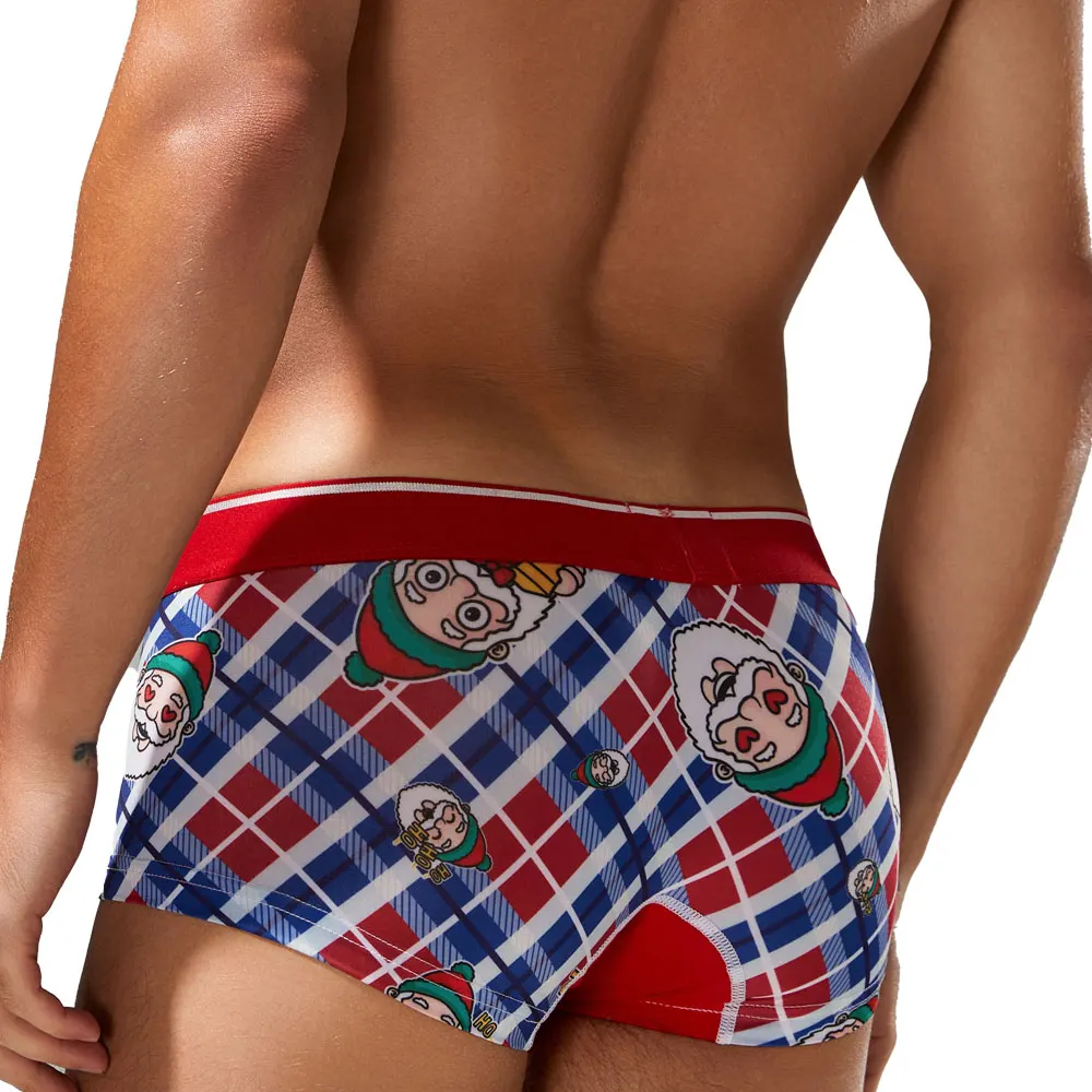 SEOBEAN Men's Christmas Holiday Boxer Briefs Santa Cartoon Plaid Print 3D Contoured Pouch Elastic Waist Underwear