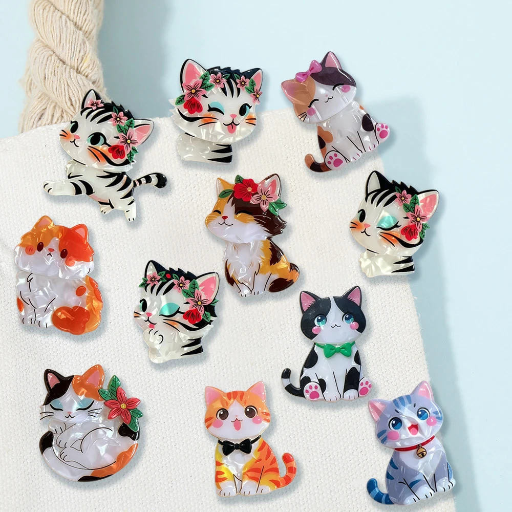 Cross border cartoon flower cat acrylic brooch, hand stitched cute and playful cat brooch