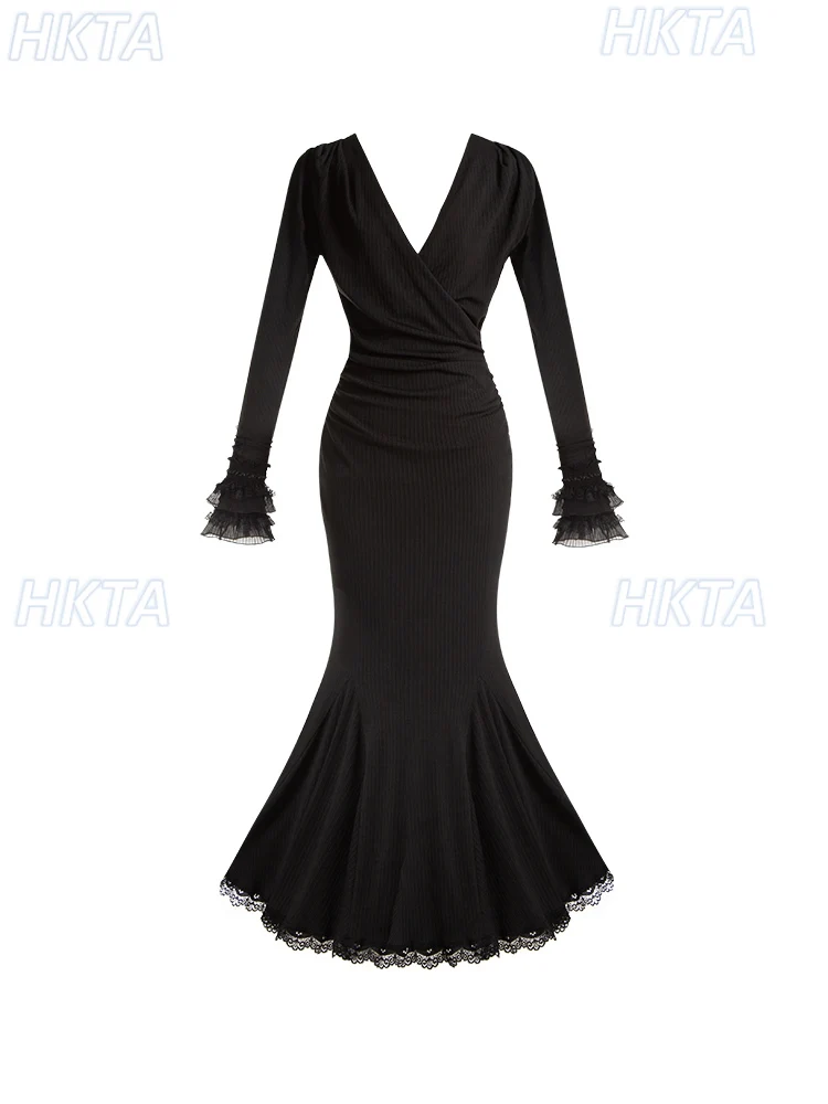 Süße Low V-ausschnitt Stretch Dünne Gestrickte Kleid Frauen Herbst Elegante Spitze Nähte Bogen Sexy Schwarz Lange Kleider Höhlte Innen Sets