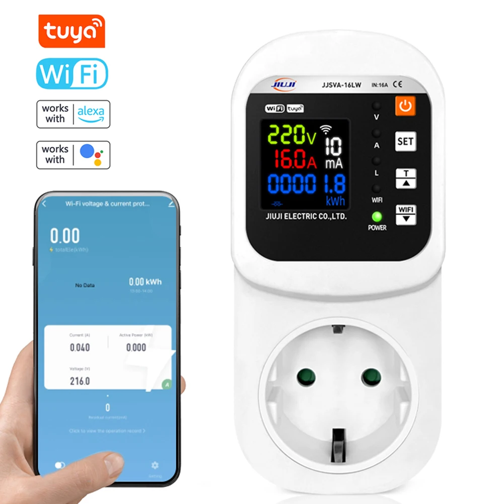 

Tuya Wi-Fi Регулируемая розетка для защиты от напряжения и тока Цифровой дисплей Многофункциональная защитная розетка для холодильника