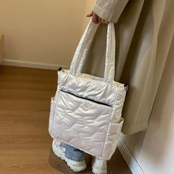 Winter Quilted Cotton Women Tote Bag Puffer Padded Fashion Shoulder Bags 2023 Multi Pockets Crossbody Bag Lattice Top Handle Bag