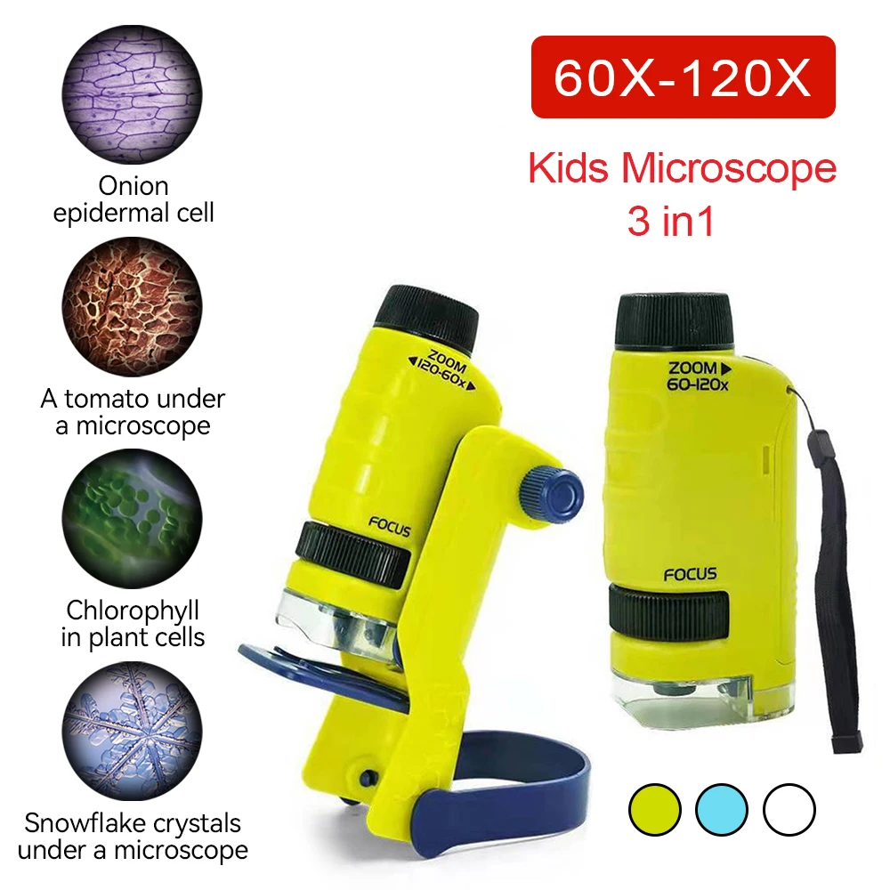 3 In 1 Microscope Kit 60-120X Kids Educational Portable Pocket Microscope with LED Light for Laboratory Home School Science