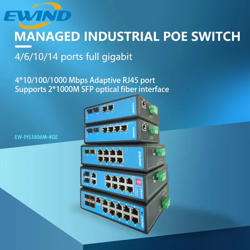 EWIND Industrial POE Switch 10 Ports Gigabit Uplink Managed Network Switch Ethernet with 4 SFP Fiber Ports IP40 Network Switch