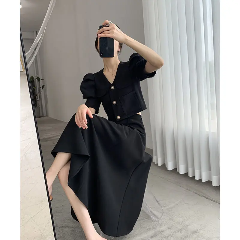 Summer Elegant Black Two Piece Dress Sets Retro Womens Outifits Puff Sleeve Crop Top+A Line Skirts Korean Fashion Hepburn Suit