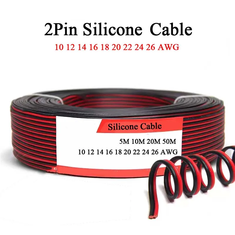 5m 10m 20m 50m 2Pin Silicone Electrical Cable 10 12 14 16 18 20 22 24 26 AWG Super Soft Power Copper Wire Inverter Battery Motor