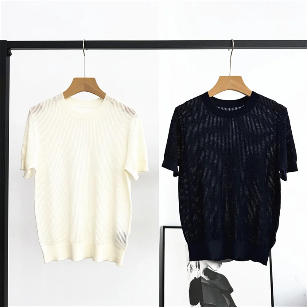 

2026 Summer Women's Clothing Round Neck Short-Sleeved Hollow Slim Fit Knit Top