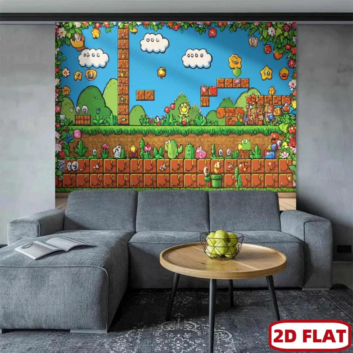 2D plane, 1-piece retro video game background banner - Ultra-large pixel art design featuring mushrooms, clouds and blocks