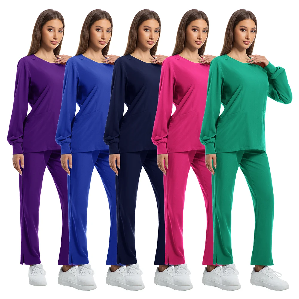 Nurse Uniforms Round Neck Top Scrub Jacket Straight Pants Sets Surgical Workwear Hospital Long Sleeve Snap Front Medical Outfit