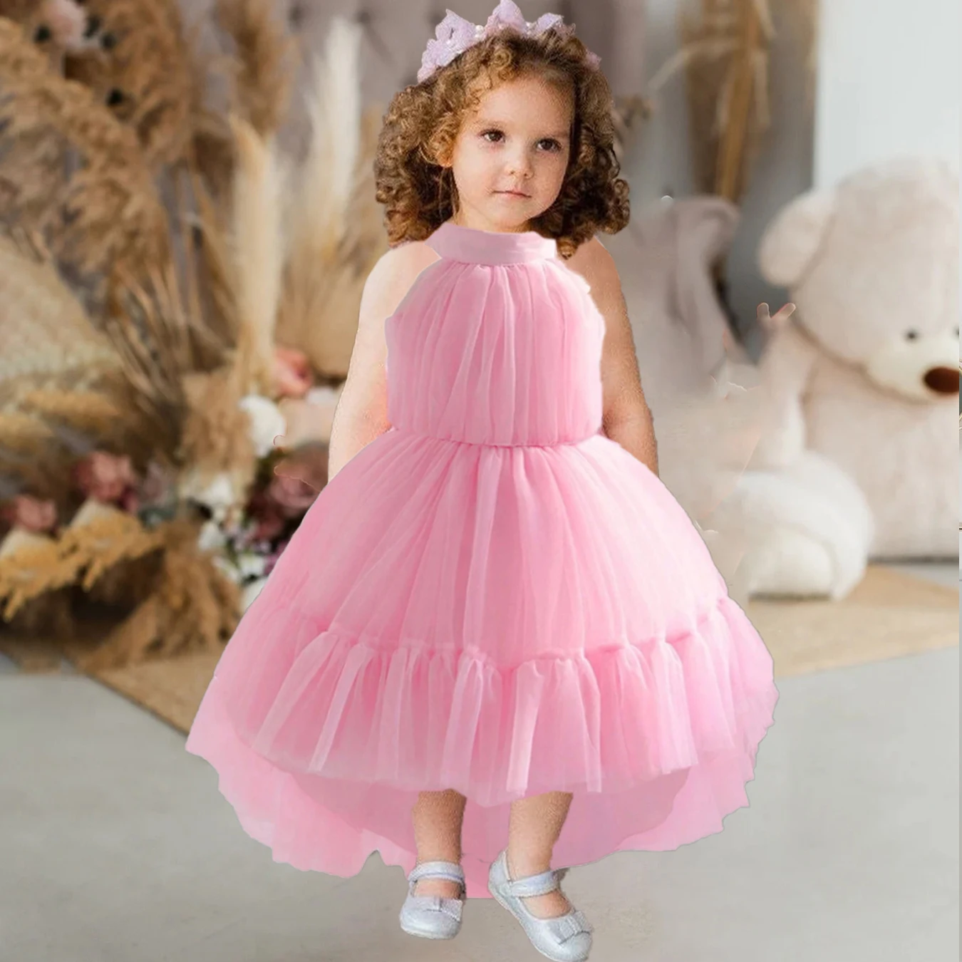 

Hanging Neck Pink Girl Tailing Party Dress Toddler Bow Tulle 1st Birthday Princess Dresses Girls Wedding Bridemaid Kids Clothing