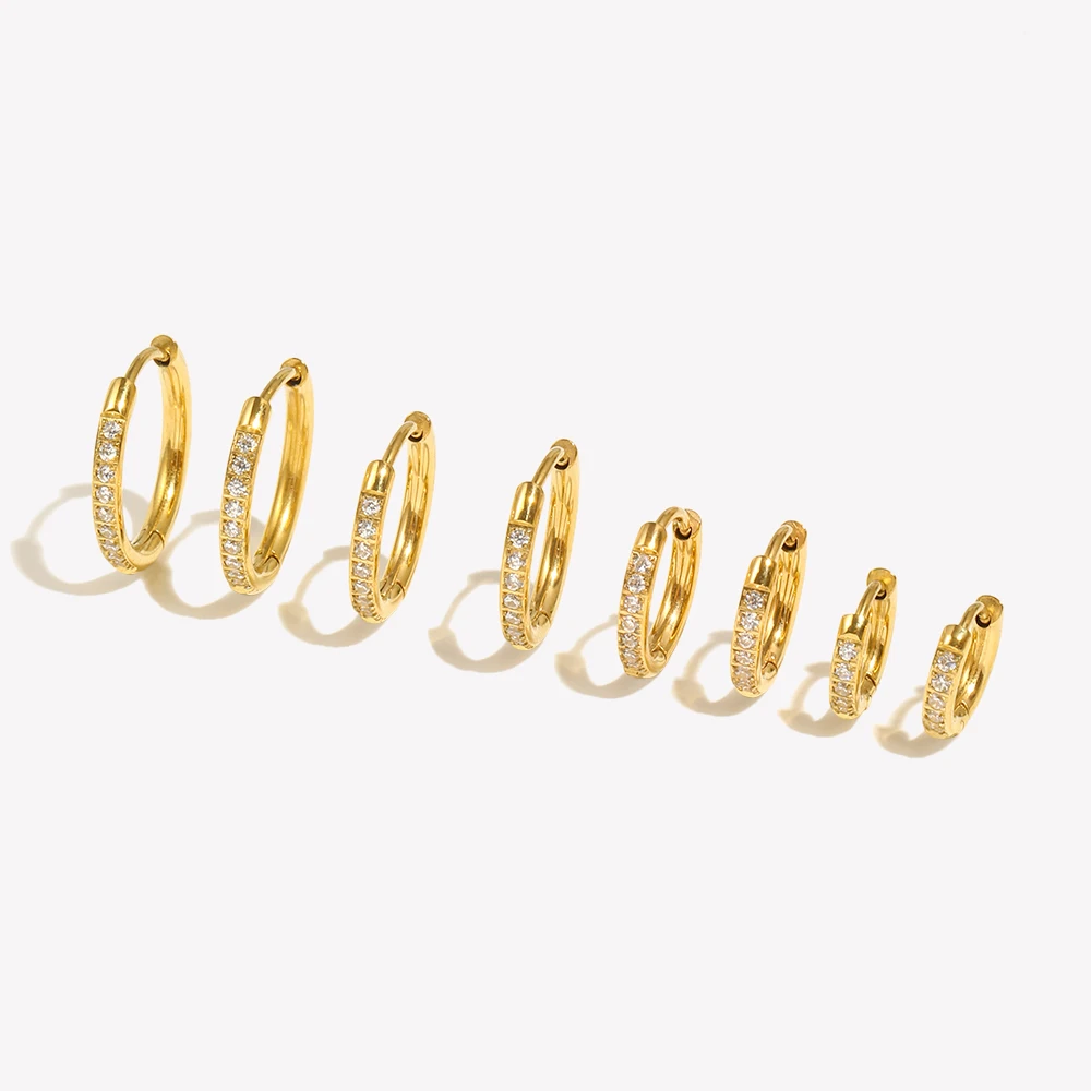 E.B.belle Basic Clear Gemstone Crystal Paved Huggie Hoop Earring Waterproof Stainless Steel Round Gold Plated Woman Earring