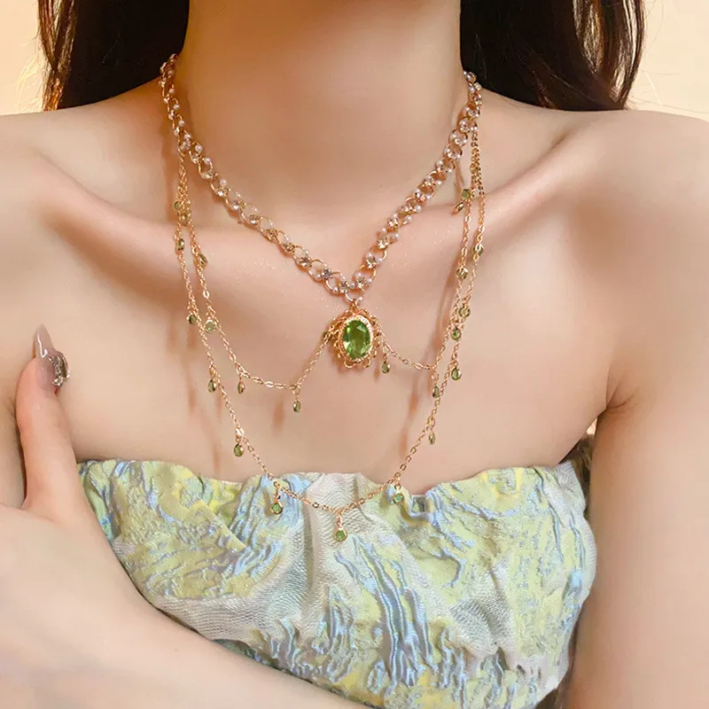 French Light Luxury Oval Zircon Pearl Necklace Niche Design Sense Creative Collarbone Chain Fashion Senior Sense Jewelry Women