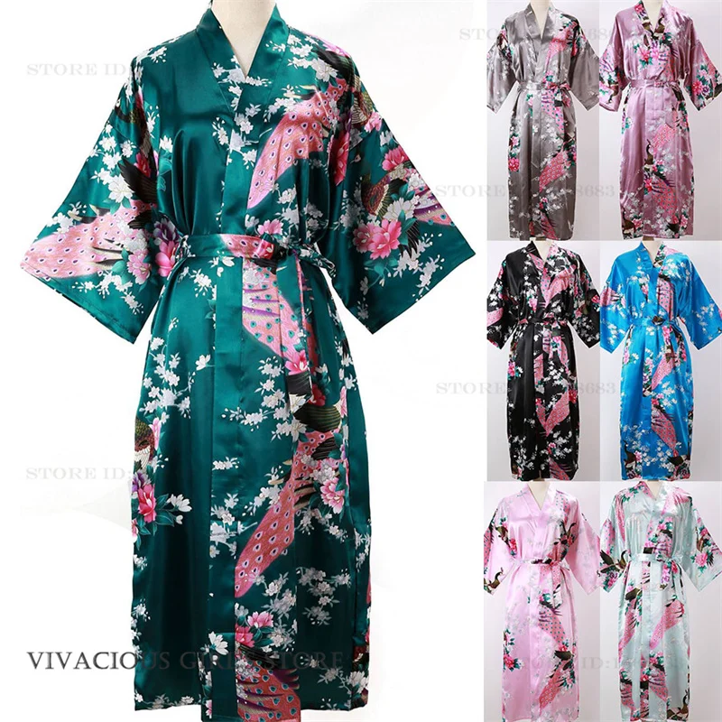 

Plus Size Female Long Robe Print Peacock Floral Kimono Bathrobe Gown Spring Summer Sleepwear Nightgown Loose Rayon Home Dress