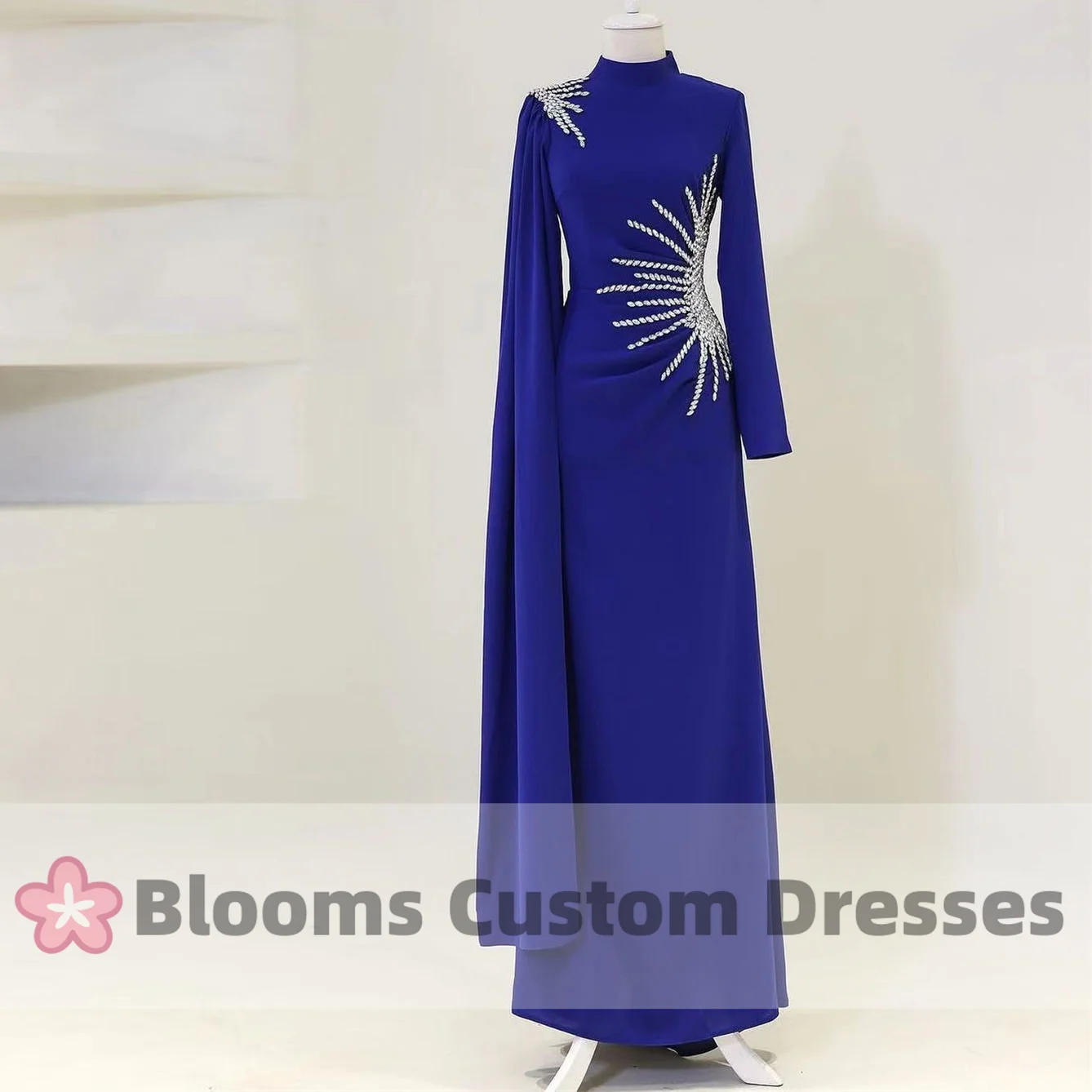 

Blooms Crystal Beads Prom Dresses Long Sleeves Cape Arabia Elegant Evening Dress 2024 Wedding Guest Formal Party Gown