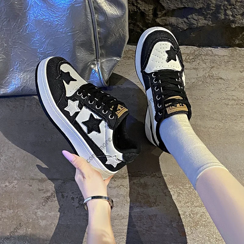 Denim Star Patch Skateboard Shoes LaceUp Low Top Platform Sneakers Retro Female Casual Walking Shoes Street Style Ladies Zapatos