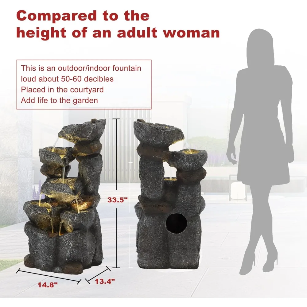 نافورة مياه خارجية متتالية من 6 طبقات مع 6 مصابيح LED، نافورة حديقة مع شلالات لحديقة المنزل والفناء والشرفة والبا