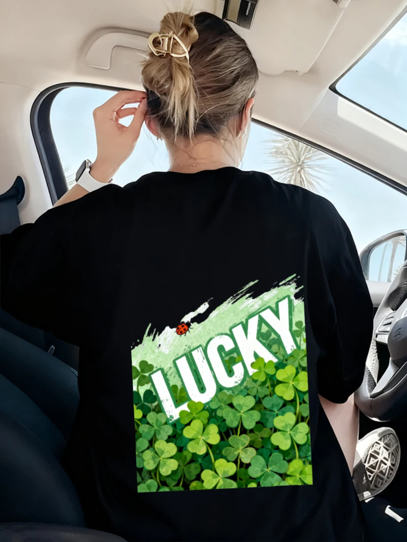 تي شيرت بأكمام قصيرة تي شيرت فضفاض مطبوع بنمط نص محظوظ بأربع أوراق البرسيم مناسب للسفر اليومي #2