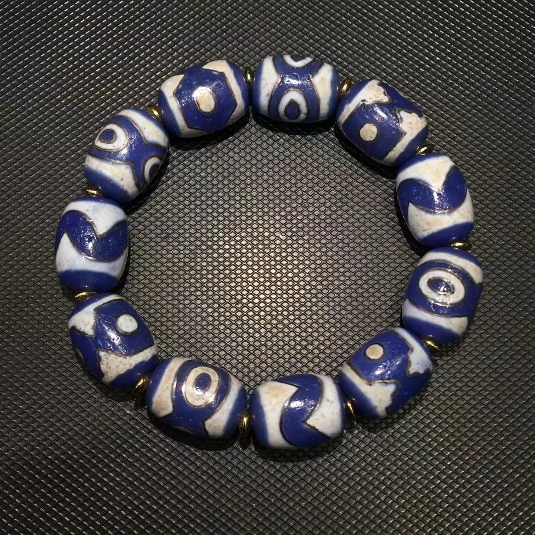 

Enlaid Silver Duobao Bracelet Blue Color Different Patterns Tianzhu Dzi Bead Amulet Good Luck