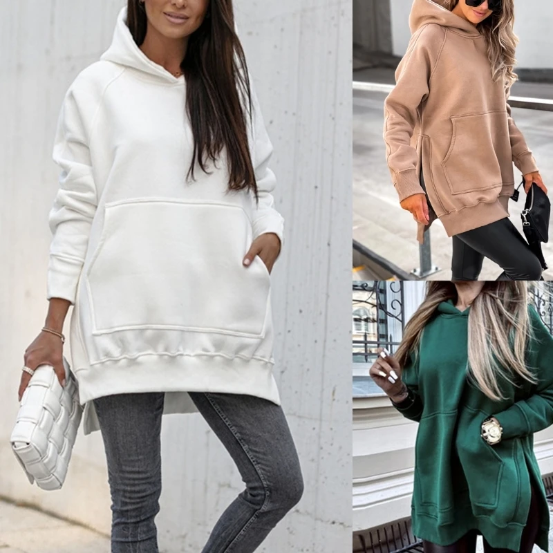 Sudadera con capucha elegante y cómoda para mujer, Tops de manga larga con bolsillo y abertura lateral, perfectos para todas las ocasiones