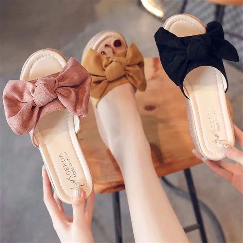 Fashion Summer Slipper Casual Beach Flip Flops Sandals Thick Bottom Woven Straw Cake Fish Mouth Bow Sandals Women Shoes