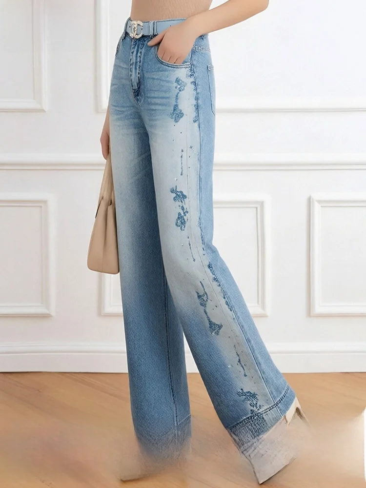 

High Waist Embroidered Gradient Color Jeans Women's Summer Vintage Faded Loose Wide Leg Pants Slimming Micro Flared Jeans