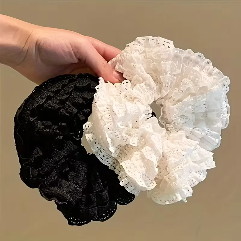 2PCS Large Fashionable Hair Scrunchies for Women Hollow Lace High-End Hair Accessories with Layered Design