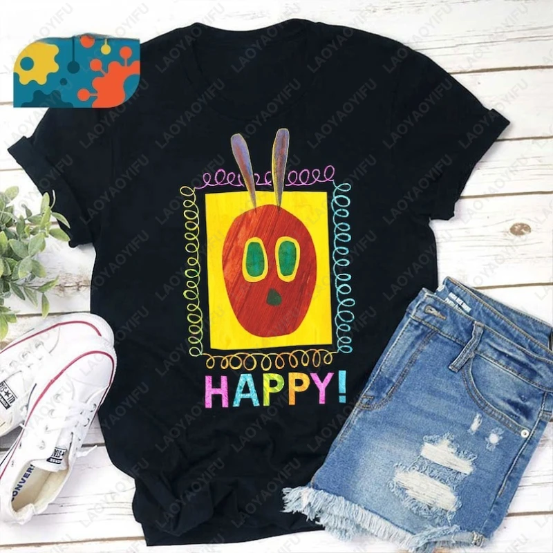 

Be Happy with Caterpillar Teacher Life Funny Tops Kindergarten for Men Women Cotton Tshirt Creative Abstraction Graphic Tee Gift