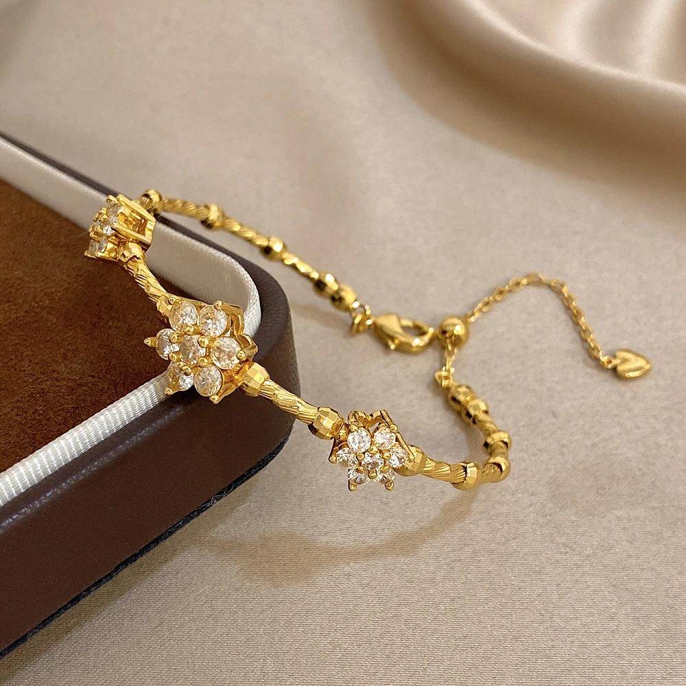 Flashbuy Trend Exquisite Women's Bracelet Gold Color Chain Inlay Zircon Flower Stainless Steel Bracelets Statement Accessories