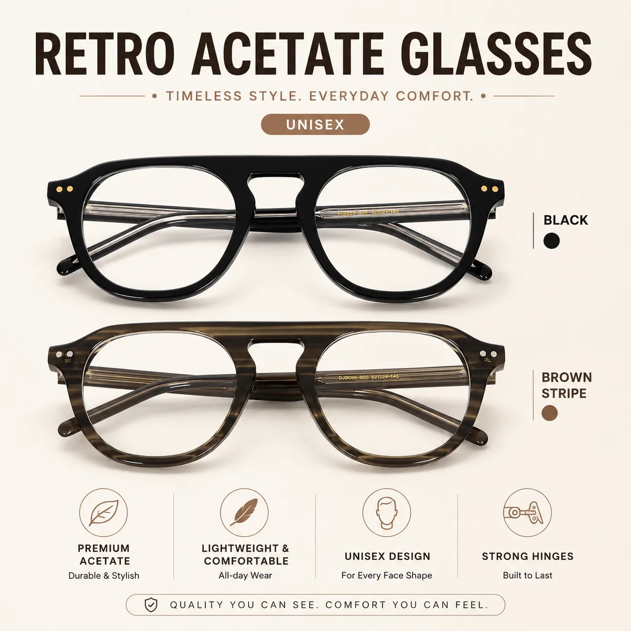 Aviator-Style Unisex Glasses With Classic Stud Design, Handcrafted From Acetate Fiber Made As Non-Prescription Eyewear