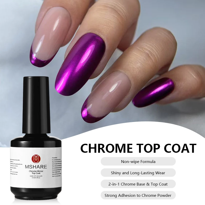 

MSHARE 15ML Nail Chrome Top Coat Gel Non-Wipe Mirror Shine UV/LED Cure Powder Finish Nail Polish Semi Permanent DIY Nails Art