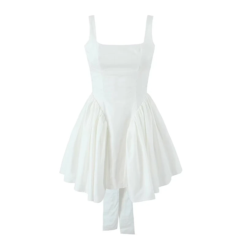 YENKYE Summer Women Sexy Backless Bow Mini Dresses Sleeveless Low Waist Pleated Swing Holiday Party Robe Black White Pink