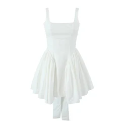 YENKYE Summer Women Sexy Backless Bow Mini Dresses Sleeveless Low Waist Pleated Swing Holiday Party Robe Black White Pink